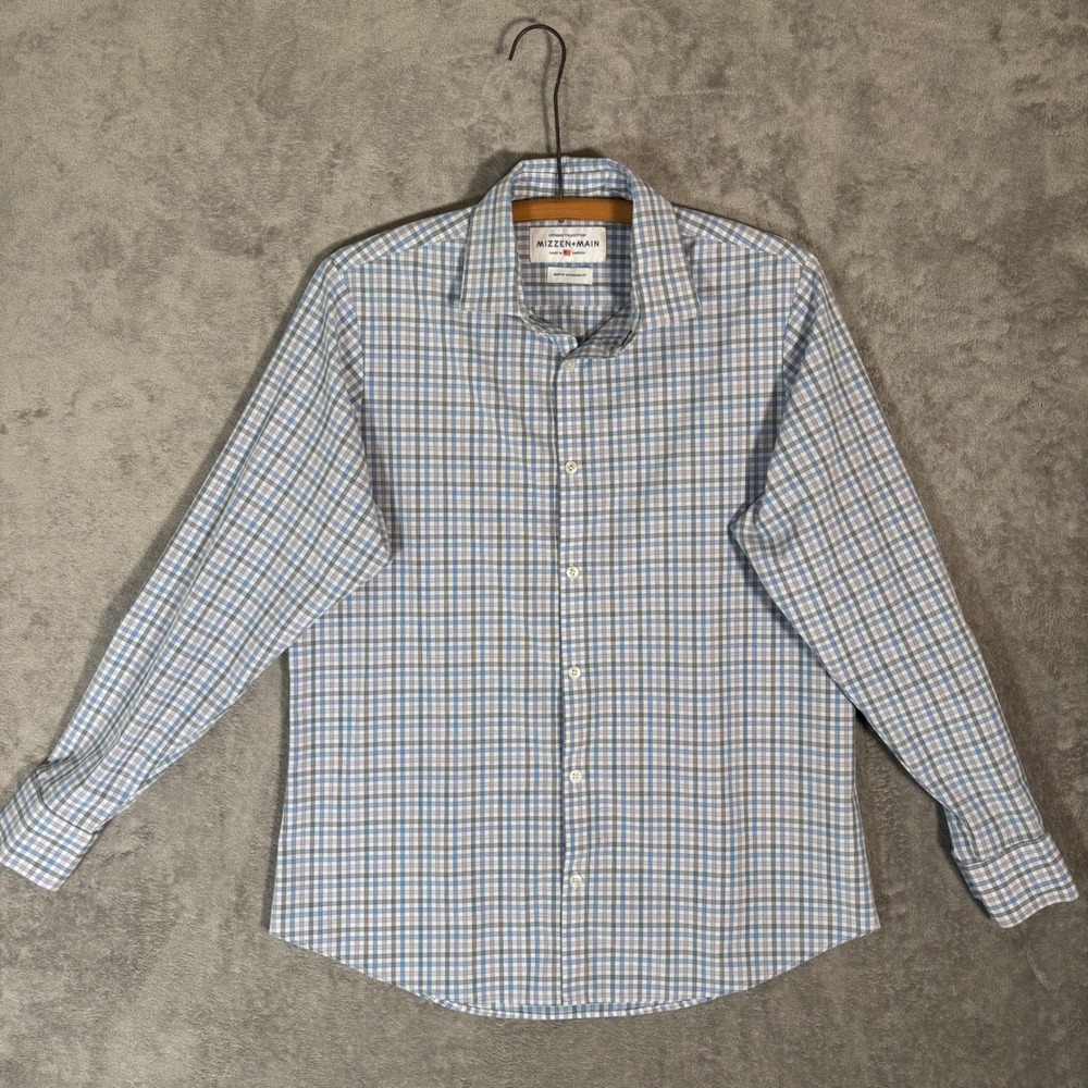 Mizzen+Main Leeward Performance Plaid Dress Shirt Mens Medium Standard Fit Blue